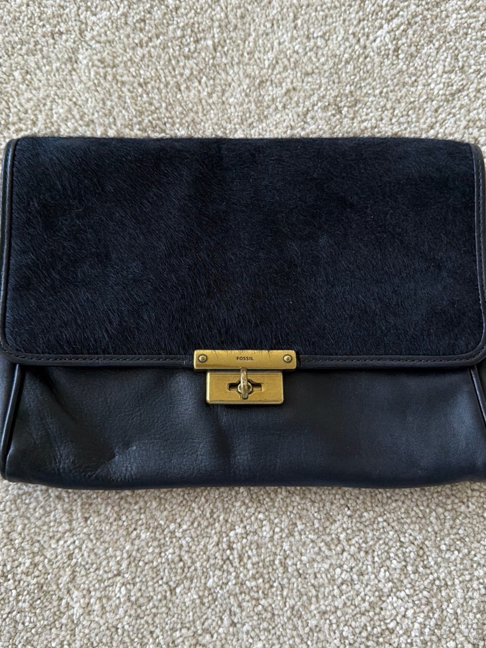 Fossil Black Leather & Haircalf Clutch with Gold Hardware